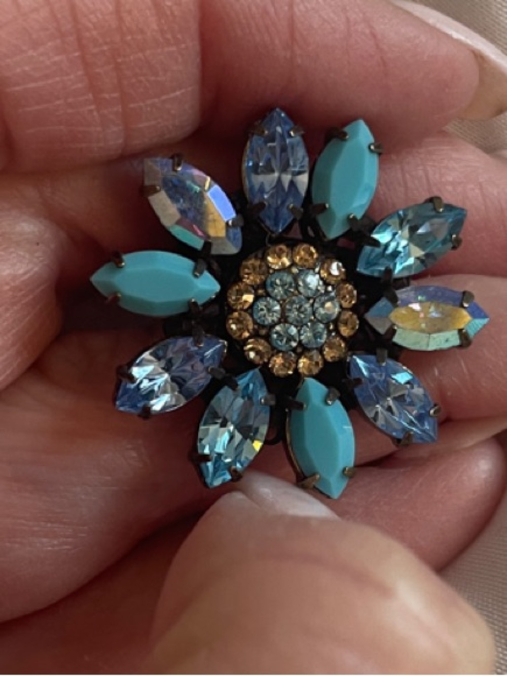 Vintage Belladonna Blue Crystal Flower Brooch